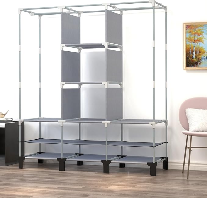 Portable Wardrobe with 10 Storage Racks and 2 Hanging Poles 6 Side Pockets Fleece Cover, Size 130 x 45 x 172 cm, Bedroom Clos