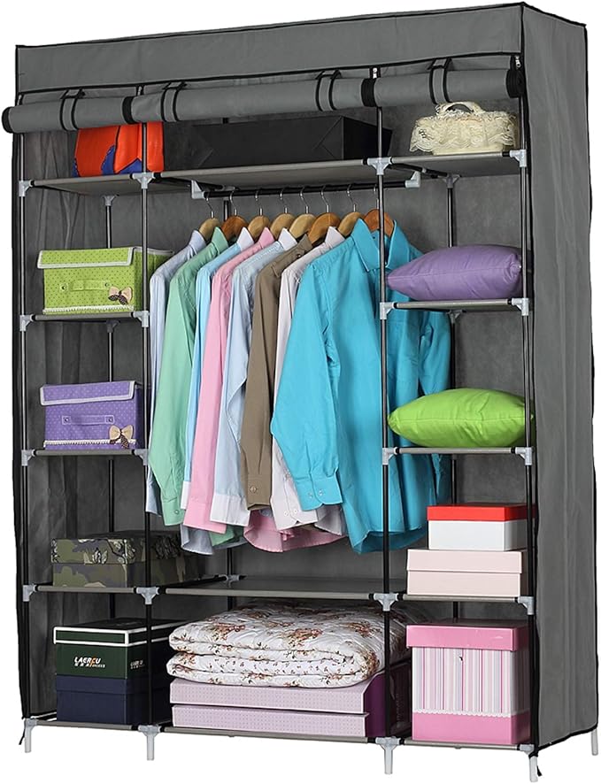 67" Freestanding Closet Organizer,Non-Woven Fabric Closet Wardrobe,Portable Covered Garment Rack,Steel Tube Wardrobe Clothes 