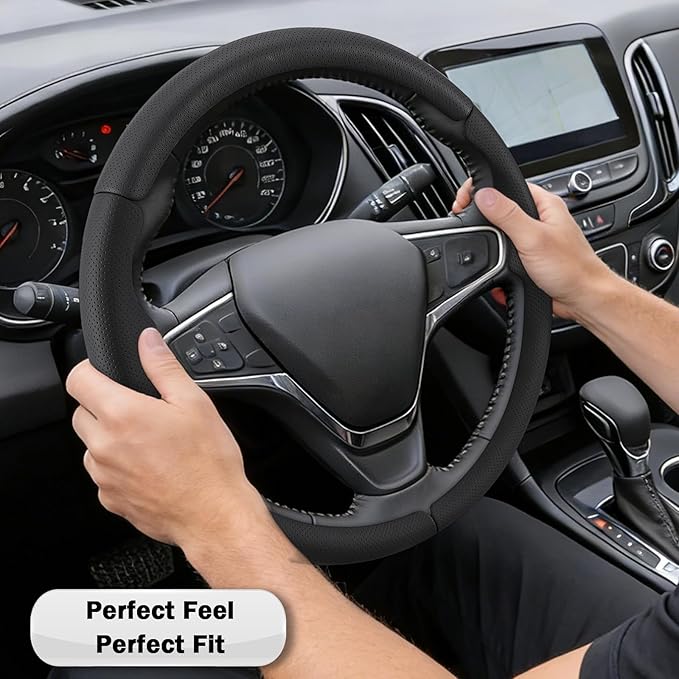Steering Wheel Cover for Chevy Malibu 2016-2024/ Equinox 2018-2024/ Bolt EV 2017-2021/ Volt 2016-2019, Car Steering Wheel Cover for Chevrolet (Black Perforated Leather)