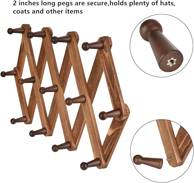 Homode Vintage Wood Expandable Peg Rack- Multi-Purpose Accordion Wall Hangers with 13 Hooks for Hats, Coat, Mugs, Scarf, Jewe