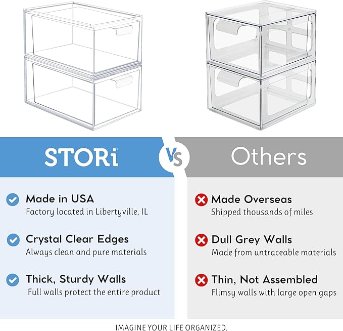 STORi Audrey Stackable Clear Bin Plastic Organizer Drawers | 2 Piece Set | Organize Cosmetics and Beauty Supplies on a Vanity