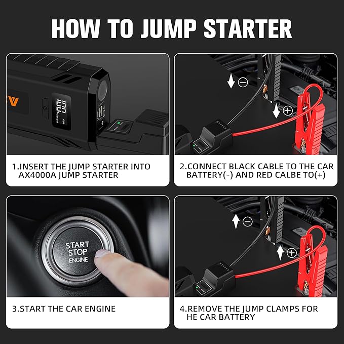 ASPERX Car Jump Starter, 4000A Peak Battery Starter for All Gas or 10.0L Diesel Engines, 12V Battery Starter, Jump Box with