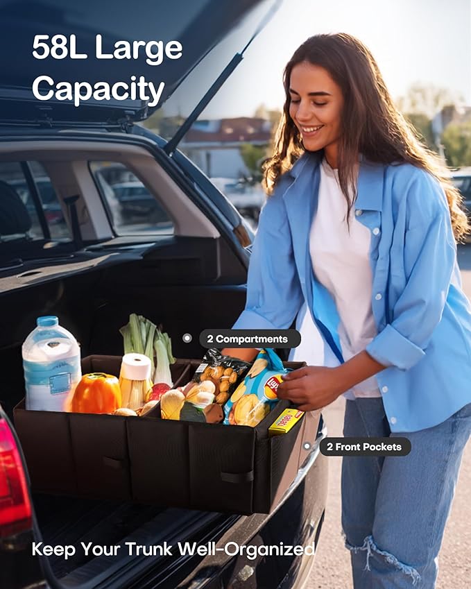 HOTOR Foldable Trunk Organizer - SUVs & Sedans, Sturdy Car Organization With 2 Compartments, Black, 23.6x14.2x10.6