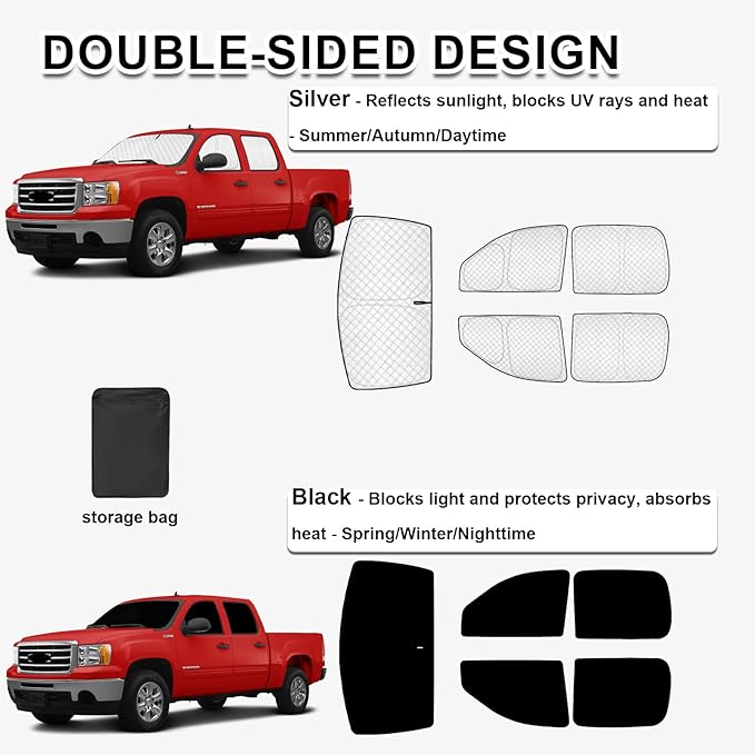 KMF 5pcs Car Sun Shades Custom for GMC Sierra 2007-2013 Accessories 2007-2013, Car Window Covers Sunshade for Windshield Side, Sun Visor UV Block and Blackout Privacy for Camping Outdoor