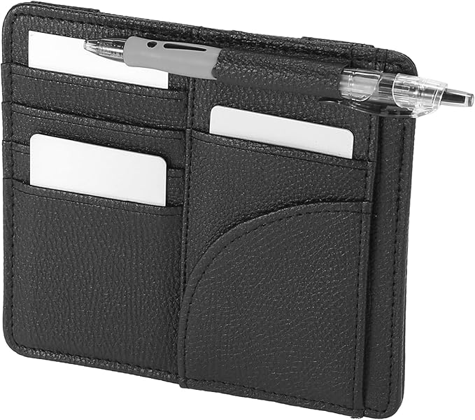 X AUTOHAUX Car Sun Visor Clip Organizer Tissue Paper Box Sunglasses Holder PU Leather Pocket Storage Pouch Bag for Card License Registration Auto Interior Black