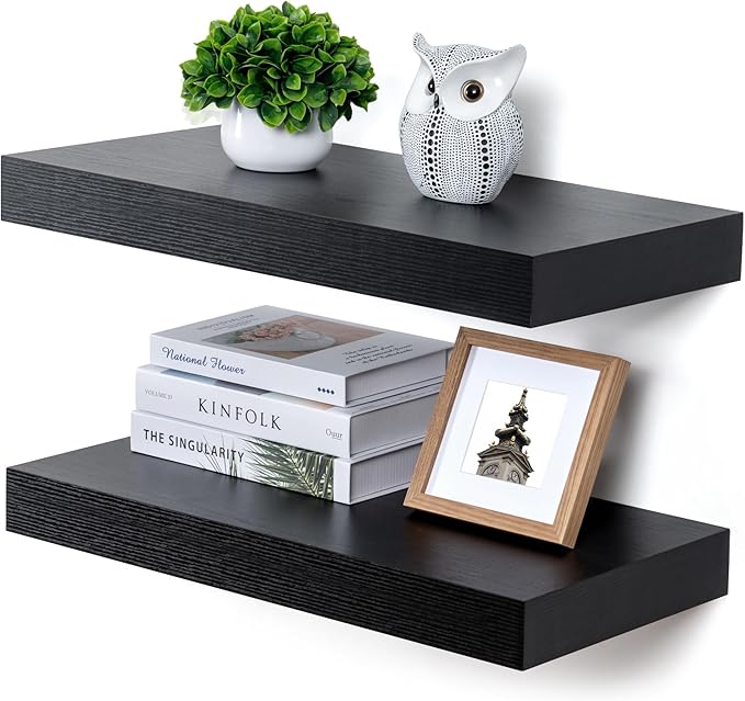 Deep Floating Shelves | 24 Inch Black Floating Shelves Set of 2 | 12 Inch Deep Rustic Wood Shelves for Wall | 24" W x 12" D B