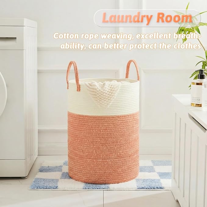 Laundry Basket,Woven Cotton Rope Laundry Hamper,100L for Decor Storage of Dirty Clothes,Toys and Blankets in Bathroom,Baby Ro