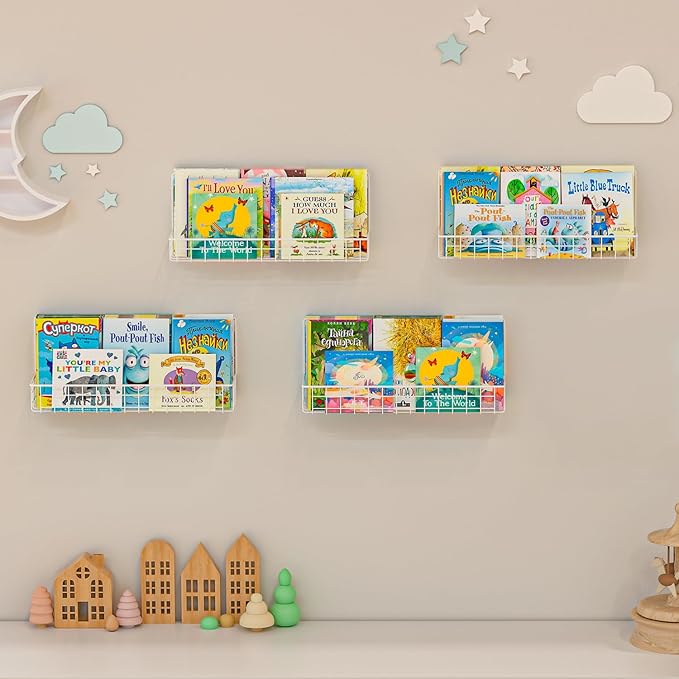 6-Pack White Floating Nursery Book Shelves , Metal Wall Mounted Storage book Shelves for Kids Bedroom, Toddler Room, Baby Nur