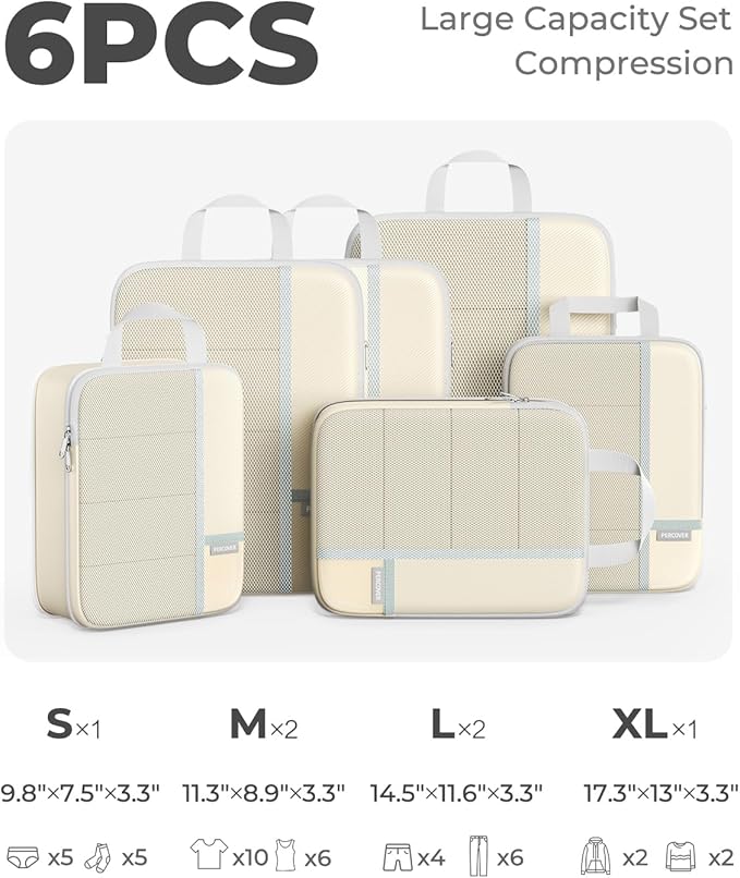 Percover Compression Packing Cubes 6-Piece Set, Packing Cubes Compression for Travel with Multi-Size Organization, Travel Org