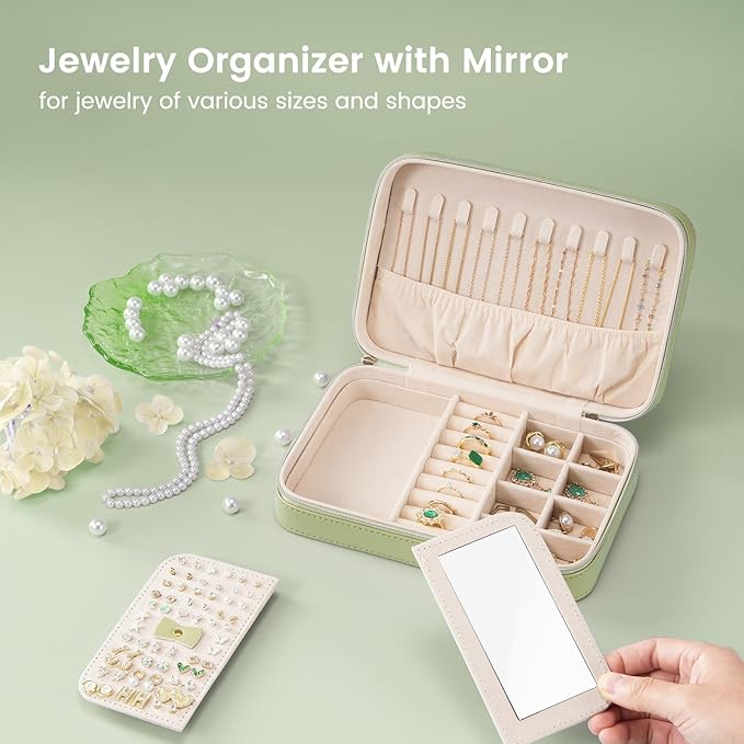 Lolalet Travel Jewelry Case for Women Girls, Travel Jewelry Organizer Box with Mirror & Clear Storage Bag, Small Portable Ear