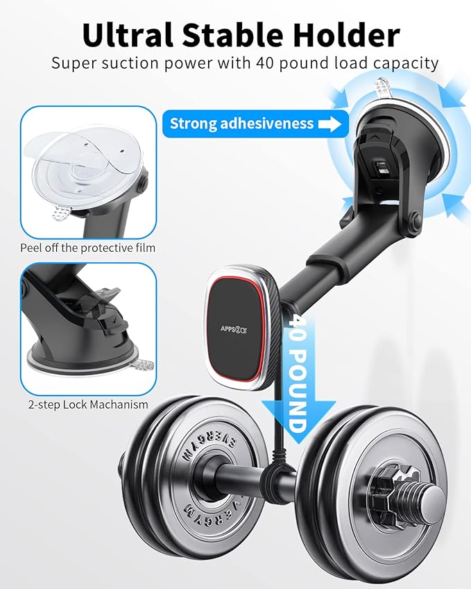 APPS2Car Magnetic Phone Mount, Dashboard & Windshield Suction Cup Car Phone Holder Mount with 6 Strong Magnets, Adjustable Telescopic Arm, Compatible with iPhone & Android Smartphones