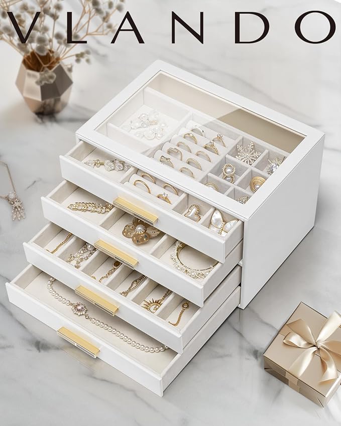 Vlando Jewelry Box for Women, Glass Lid Jewelry Organizer with 4 Drawers for Necklaces Rings Earrings Bracelets Christmas Gif