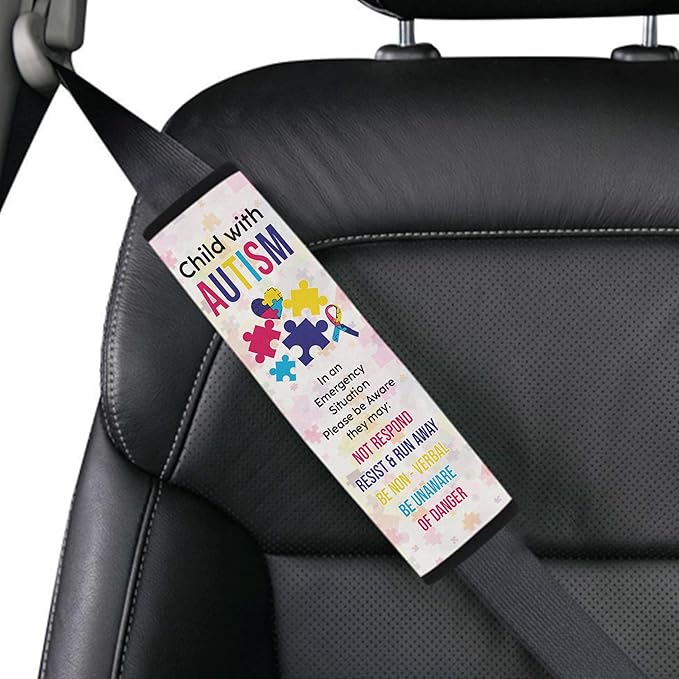 Personalized Name Child with Autism Seat Belt Cover Autism Awareness Medical Alert Autism Seatbelt Cover for Kids Non-Verbal Autistic Special Needs Autism Car Accessories AT32