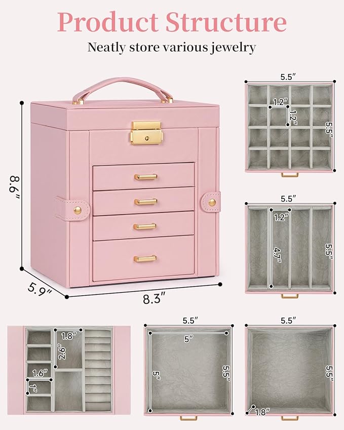 TORIBIO Jewelry Box for Women, Leather Jewelry Organizer with Mirror & Lock, 5-Tier Jewelry Storage Organizer with 4 Drawers 