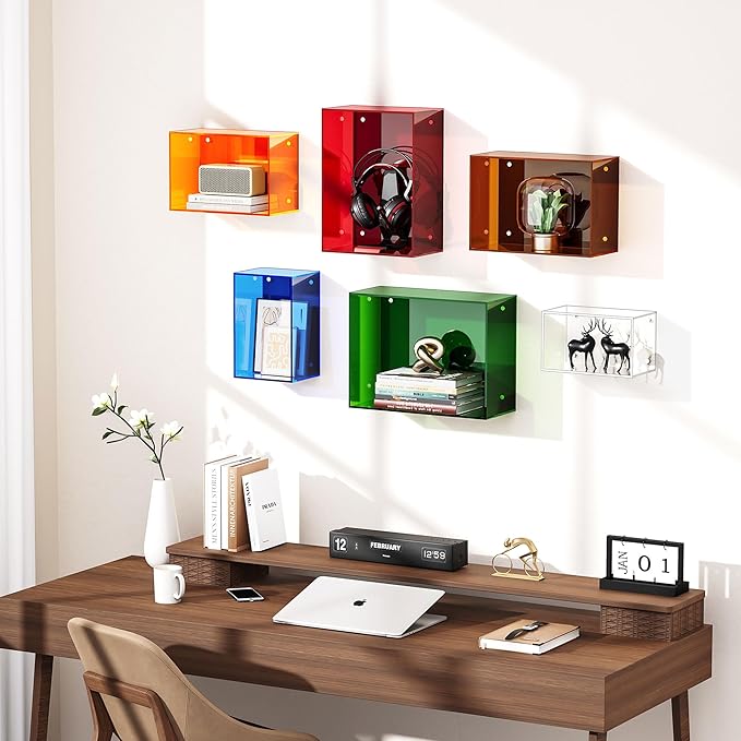 Acrylic Floating Shelves for Wall, Wall Mounted Square Cube Shelf for Bedroom Living Room Bathroom Kitchen, Storage Shelf Dis