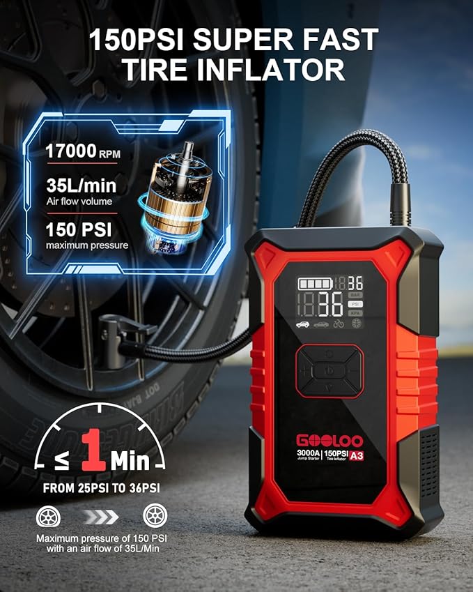 GOOLOO A3 Jump Starter with Air Compressor, 3000A Portable Car Battery Booster (9.0 Gas/6.5L Diesel) with 150PSI