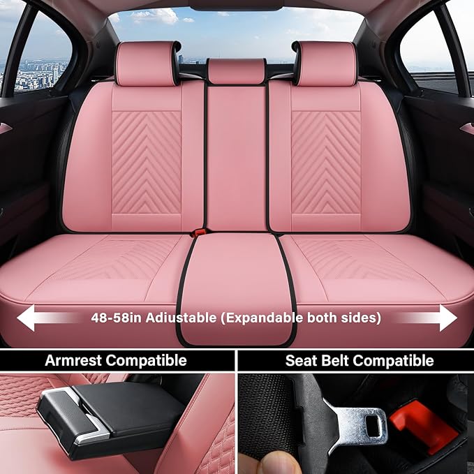 Coverado Seat Covers Full Set, Luxury Leather Pink Car Seat Covers for Car with Lumbar Support, Automotive Seat Covers Waterp