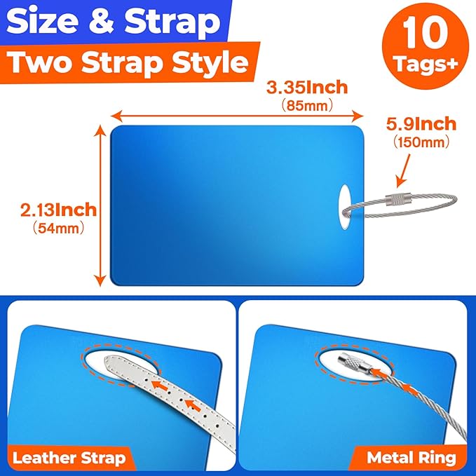 10 PCS Personalized Luggage Tags, Custom Engraved Aluminum Luggage Tags for Family, Metal Luggage Tags for Suitcases, Backpac