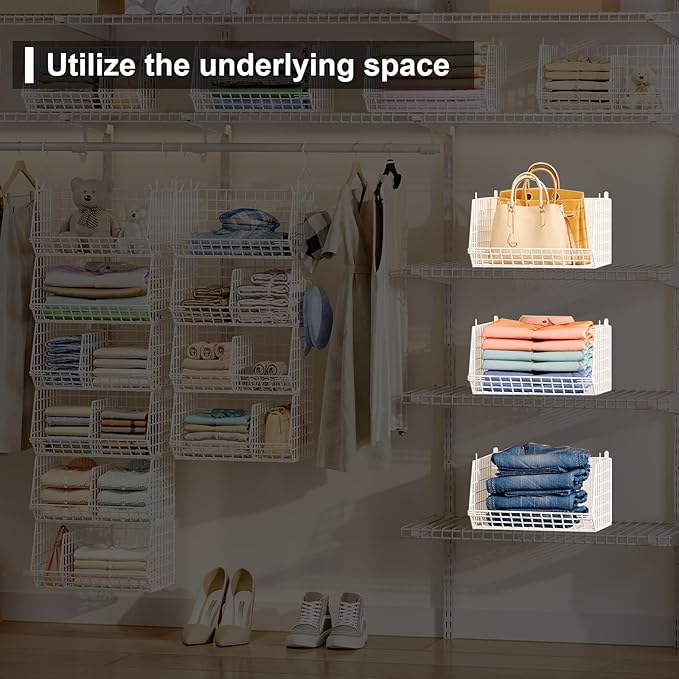Jautokerdar 6 Tier Extra Large Hanging Closet Organizer, Closet Storage Hanging with Dividers, Wire Closet Shelf with 5 S Hoo