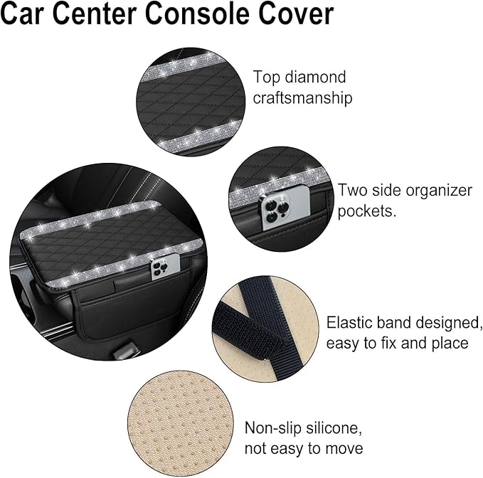 NBTEPEM Bling Car Center Console Cover, Leather Car Arm Rest Cover Cushion with 2 Storage Bags, Universal Auto Armrest Protector Storage Box, Bling Accessories Interior for Most Vehicles (Silver)