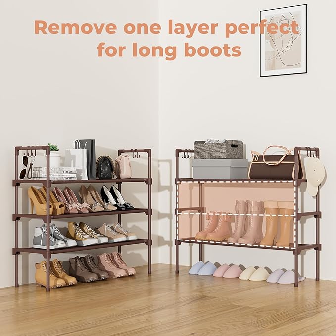 LANTEFUL 3 Tier Shoe Rack for Closet Shoe Organizer with 5 Hooks, Long Shoe Shelf Storage for Shoe and Boot Stackable Free St