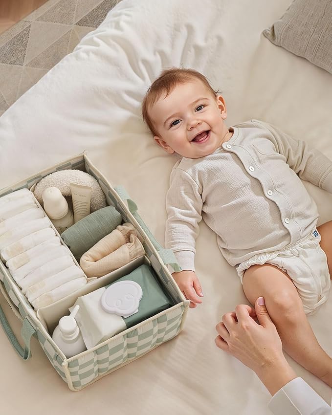 Blissful Diary Checkered Diaper Caddy Organizer, Stylish Nursery Storage Basket, Gift for Baby Shower, Newborn Essentials, Re