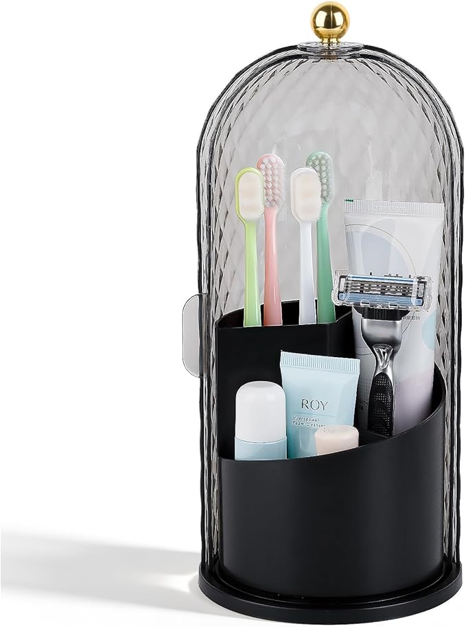 Toothbrush Holder with Cover for Bathroom Countertop, Rotating Organizer for Electric Tooth Brush and Toothpaste, 3-Slot Make