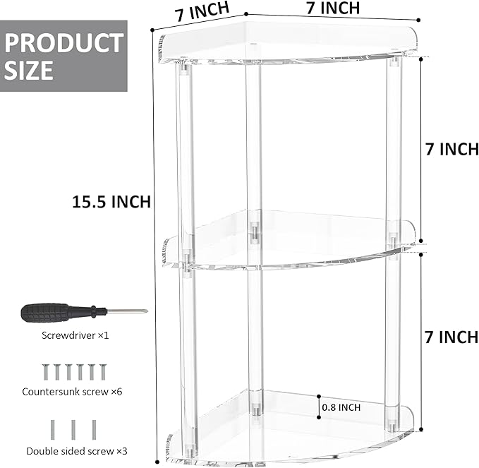 Sezanrpt 3 Tier Countertop Corner Organizer Shelf 7x7x15.7 Inch, Countertop Acrylic Bathroom Corner Shelf, Clear Vanity Stora