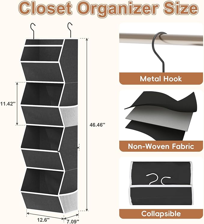 Hanging Closet Organizer 4 Shelf Collapsible Bedroom Closet Organizers and Storage Hanging with Mesh Pocket for Clothes, Clos
