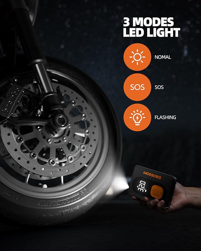 Tire Inflator Portable Air Compressor Cordless Bike Pump with Digital Dual Values Display, 130 PSI Car Tires Pump with LED Lights Air Pump for Bikes, Motorcycles, Balls（15cm Car Air Hose）