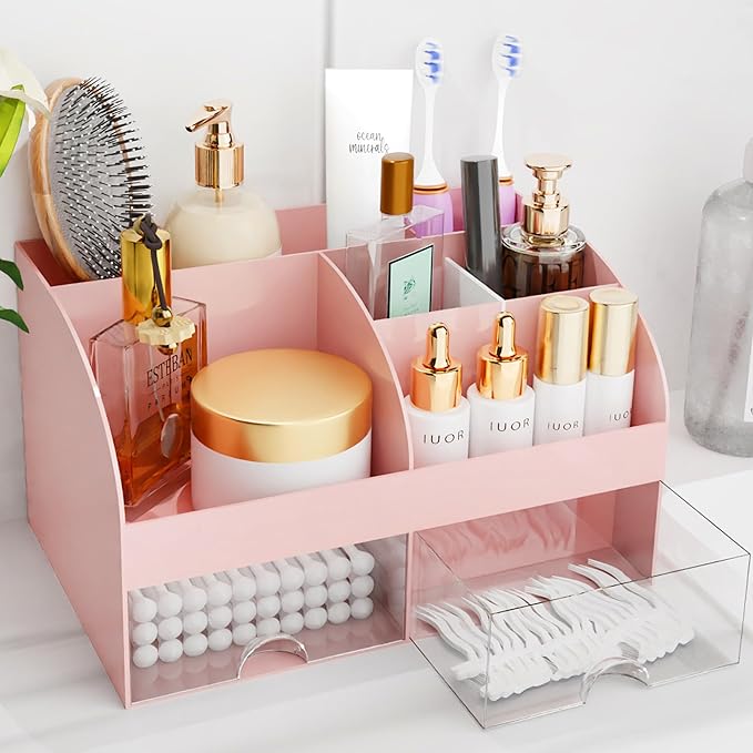 Makeup Organizer with Drawers, Cosmetic Storage for Dresser Vanity and Bathroom Countertop, Beauty Holder for Lipstick Brush,