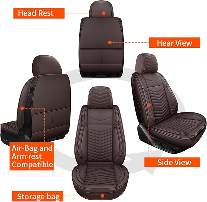 Nappa Leather Car Seat Covers Full Set, Brown Car seat Protector 5 Seats, Waterproof Car Seat Cushion, Universal Automotive S