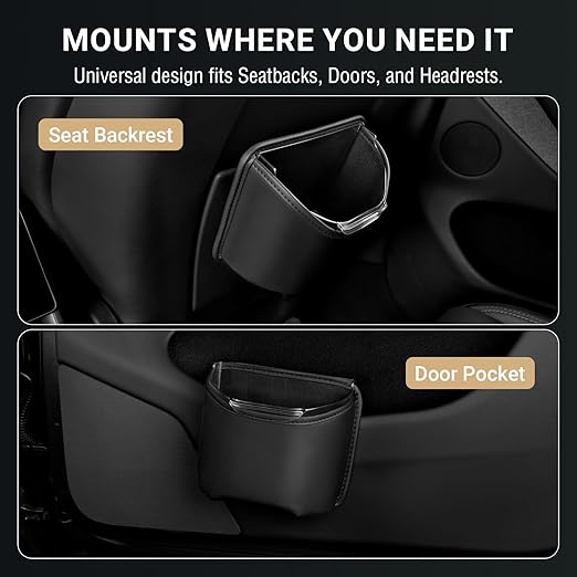 Car Trash Can with Removable Leakproof Liner – Clip On Trash Bin for Seat Back, Door Pocket & Headrest – Sturdy PU Leather Garbage Can Organizer for SUV, Truck & Sedan