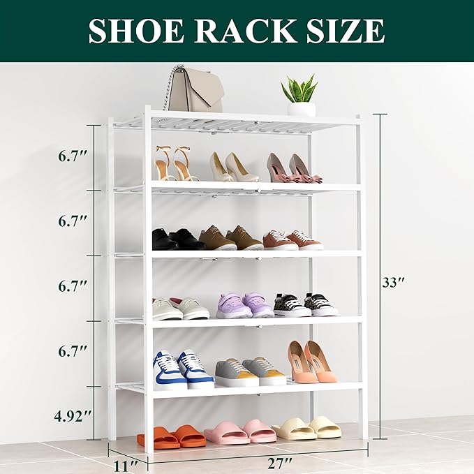 Smiry Shoe Rack, 5 Tier Thick Bamboo Shoe Organizer, Stackable Free Standing Wooden Shoe Storage Shelf for Closet, Entryway, 