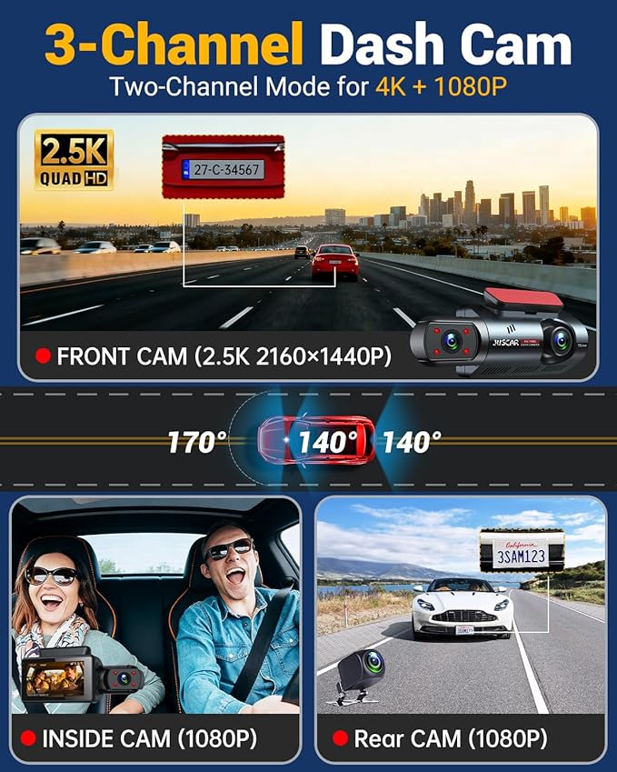 3 Channel Dash Cam with WiFi & GPS, Front and Rear/Inside, Voice Control 4K/2.5K+1080P+1080P Triple Dash Camera for Cars, 3" 