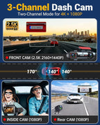 3 Channel Dash Cam with WiFi & GPS, Front and Rear/Inside, Voice Control 4K/2.5K+1080P+1080P Triple Dash Camera for Cars, 3" 