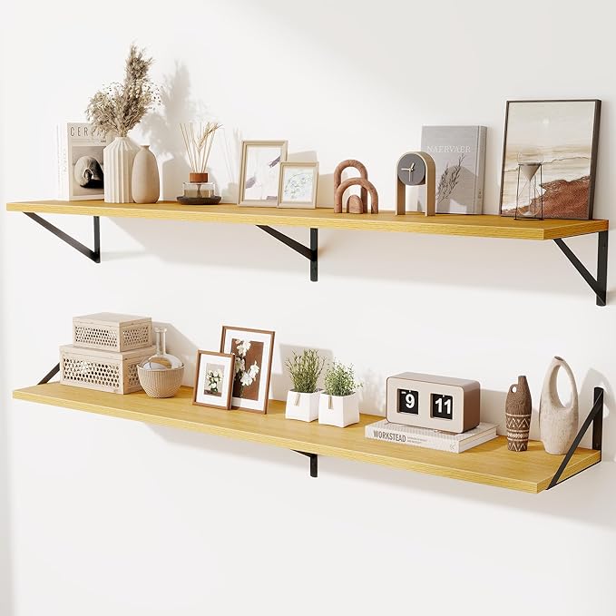 Deep Floating Shelves,55" Wx10 D Wood Wall Shelves Set of 2,Long Wood Floating Shelf with Metal Brackets,Floating Bookshelf f