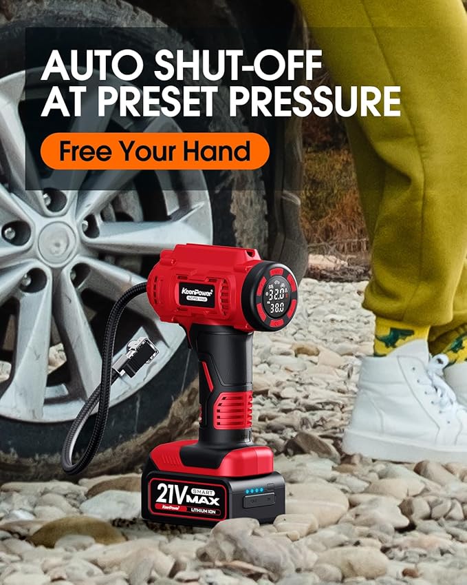 KeenPower Cordless Tire Inflator Portable Air Compressor, 160PSI Car Tire Air Pump, 21V Rechargeable Battery Powered Air Compressor, Dual Power, Larger HD Digital Gauge w/4+N Smart Modes (Red)