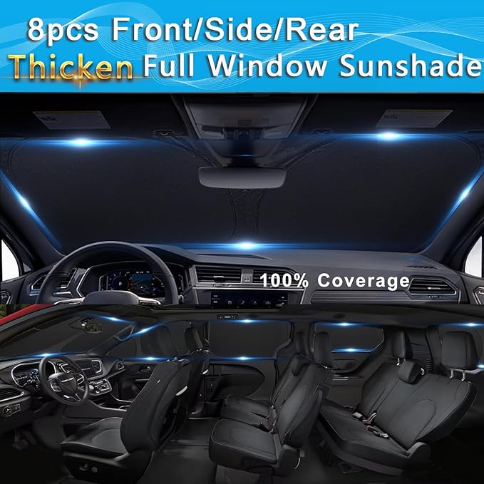 KMF 8pcs Thicken Sun Shades for Chrysler Pacifica 2017-2025 Accessories, Full Car Window Covers Sunshade for Windshield Side Rear, UV Block and Blackout Privacy for Camping Outdoor