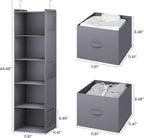 YOUDENOVA Hanging Closet Organizer, 5 Tier Hanging Closet Shelves with 6 Side Pockets and 2 Drawers, Grey
