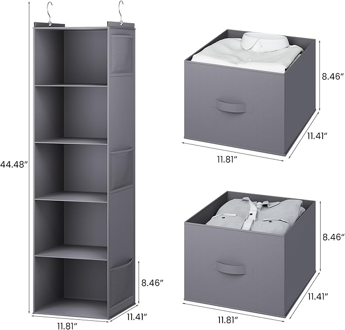 YOUDENOVA Hanging Closet Organizer, 5 Tier Hanging Closet Shelves with 6 Side Pockets and 2 Drawers, Grey