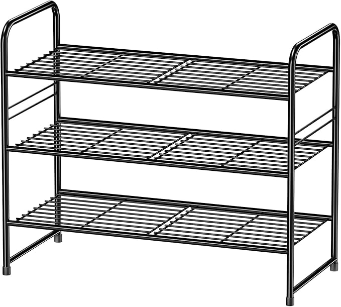 Shoe Organizer for Closet, Metal Shoe Shelf Rack Stackable 3 Tier 27 Inch Wide for Entryway, Adjustable, Black