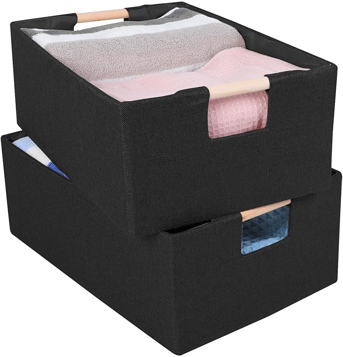 ANMINY 2PCS Storage Baskets for Organizing Collapsible Fabric Storage Bins Boxes with Wood Handles Closet Shelves Cube Organi