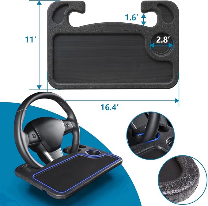 HORRY Steering Wheel Tray Universal Double-Sided Car Food Trays for Eating Reading Car Tray Table for Travel Cup Holder Desk for Driver Car Laptop Mount (Black)