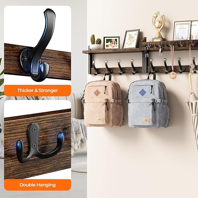Evermagin 35" Coat Rack Wall Mount with Shelf, 4 in 1 Coat and Key Hanger with 13 Metal Hooks, Entryway Wall Mounted Shelf wi