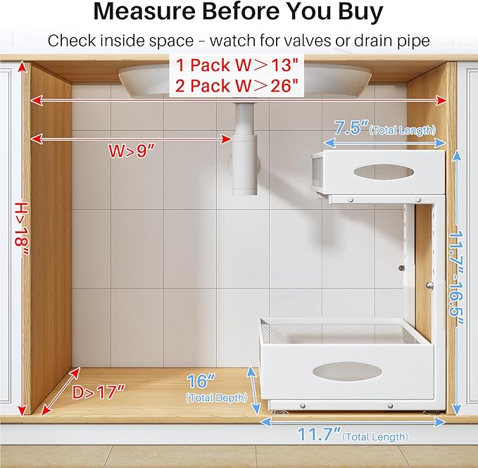 Under Sink Organizer, 2 Pack 2 Tier Pull Out Under Cabinet Organizer Shelf with Pad for Framed Cabinets, Metal Slide Out Unde