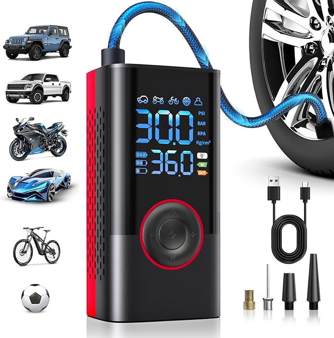 Tire Inflator Portable Air Compressor Portable Cordless Mini Air Pump with Digital Pressure Gauge Inflater 150PSI Fast Inflation and Auto Shutoff Function Tires Pump for Cars Motorcycles Bikes (Red）