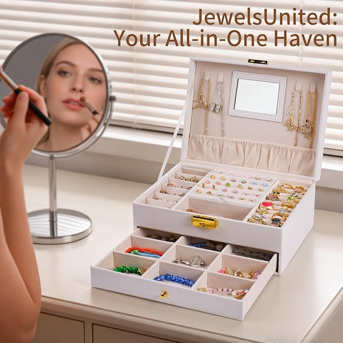 coobest Jewelry Box, 2 Layer Jewelry Organizer with Velvet Earring Organizer, Jewelry Holder Organizer Travel, White Jewelry 