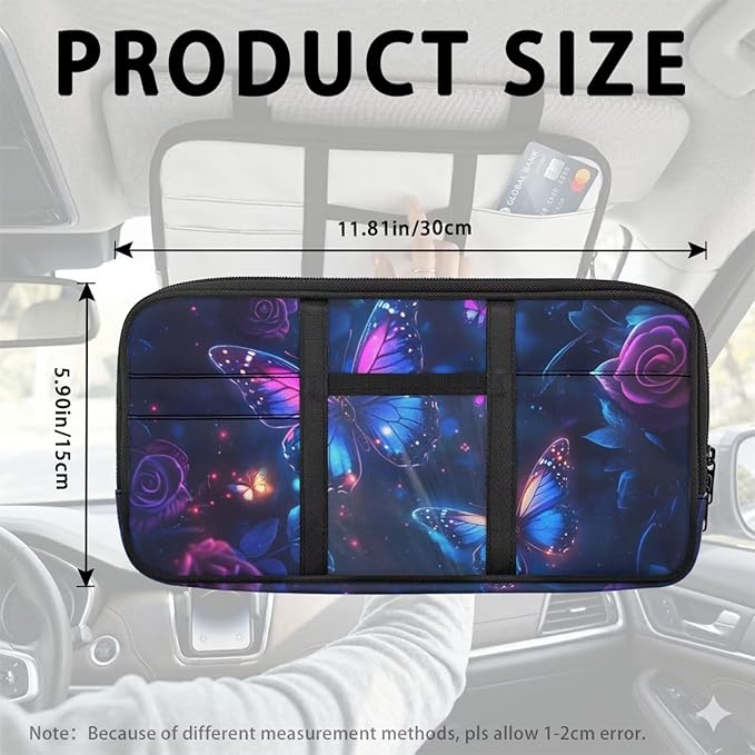Purple Butterfly Car Sun Visor Organizer Scratch-Resistant Sun Visor Storage Pouch with Zipper, Gothic Auto Interior Accessories for Car, SUV, Truck Keep Your Vehicle Tidy