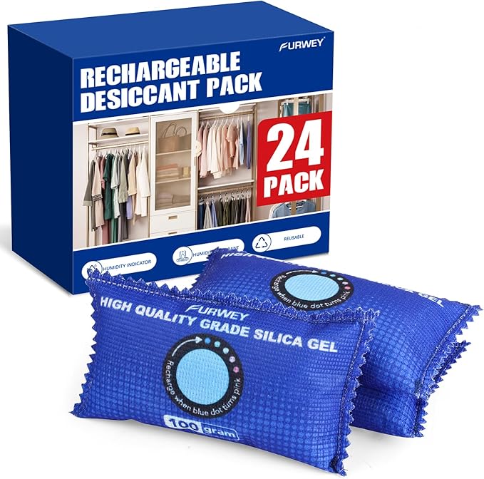 100g [ 24 Packs] Rechargeable Desiccant Packs for Storage, Color Indicating Silica Gel Desiccant Packets, Moisture absorbers